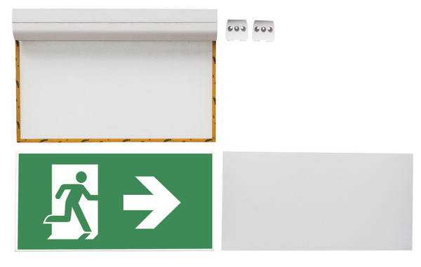 Apparecchio d Emergenza a bandiera, funzione SE+SA, Aut. 3h, 2W, LM60 (Pot. equivalente 7W), Batt. 3.2V/600mAh Li-Fe, set 4 adesivi in dotazione, Dim.315x210mm