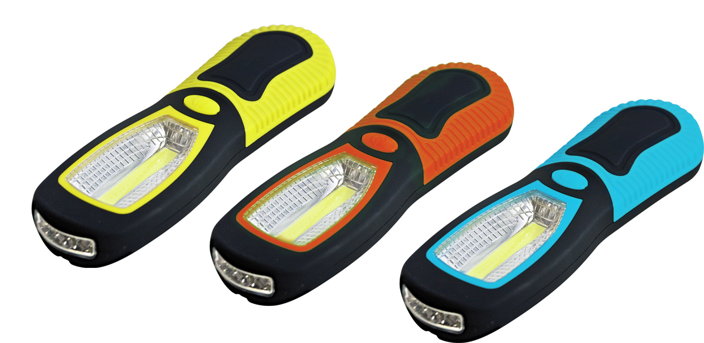 Lampada da lavoro LED COB 3W+ 3 LED, Batterie 3xAA, 190x62x35mm, 12PCS/KIT Arancione,Giallo,Blu