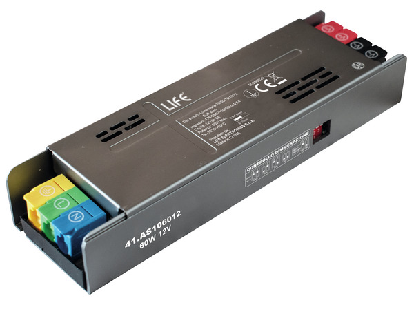 Alimentatore Metallico Serie 1 slim, 12Vdc 5A 60W Input 176-264Vac con soft start e selettore Luminosità 25/50/75/100%  Dim : 157*49*30mm