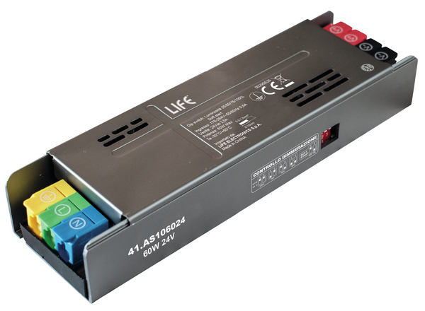 Alimentatore Metallico Serie 1 slim, 24Vdc 2,5A 60W Input 176-264Vac con soft start e selettore Luminosità 25/50/75/100%  Dim : 157*49*30mm