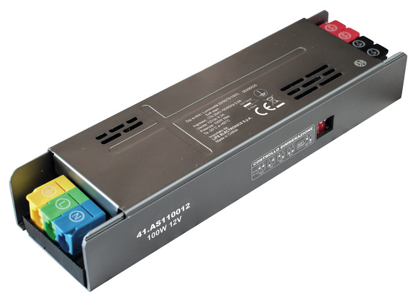 Alimentatore Metallico Serie 1 slim, 12Vdc 8,3A 100W Input 176-264Vac con soft start e selettore Luminosità 25/50/75/100%  Dim : 175*49*30mm