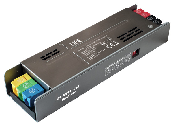 Alimentatore Metallico Serie 1 slim, 24Vdc 4,25A 100W Input 176-264Vac con soft start e selettore Luminosità 25/50/75/100%  Dim : 175*49*30mm