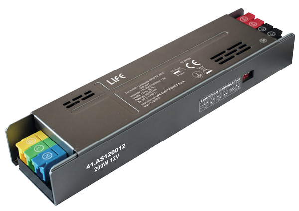 Alimentatore Metallico Serie 1 slim, 12Vdc 16,7A 200W Input 176-264Vac con soft start e selettore Luminosità 25/50/75/100%  Dim : 191*61*29mm