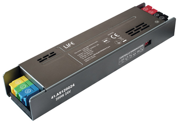 Alimentatore Metallico Serie 1 slim, 24Vdc 8,35A 200W Input 176-264Vac con soft start e selettore Luminosità 25/50/75/100%  Dim : 191*61*29mm