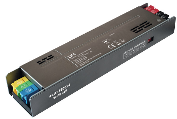 Alimentatore Metallico Serie 1 slim, 24Vdc 12,5A 300W Input 176-264Vac con soft start e selettore Luminosità 25/50/75/100%  Dim : 211*61*30mm