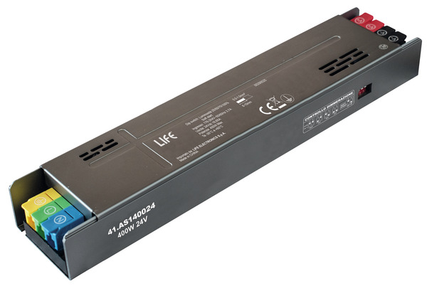 Alimentatore Metallico Serie 1 slim, 24Vdc 16,65A 400W Input 176-264Vac con soft start e selettore Luminosità 25/50/75/100%  Dim : 230*61*30mm