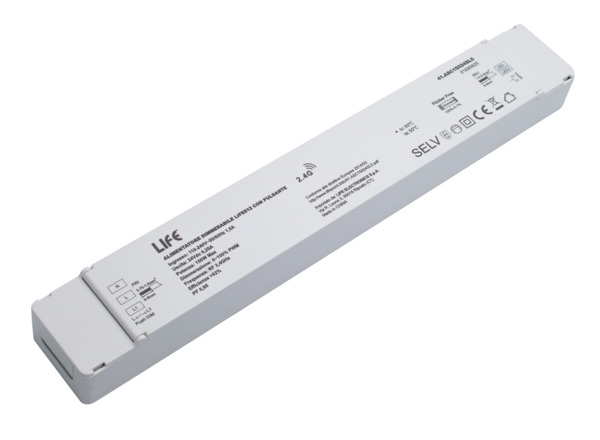 Alimentatore Dimmerabile LIFE512, Wireless 2,4GHz, IP20, 24V 6,25A 150W, In: 220Vac, (compatibile radiocomandi 16.LT5RD*) 310*45*30mm