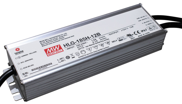 Alimentatore IP67 12V 13A 156W Dimmerabile 0-10V Input 230Vac, 252x90x43,8mm HLG-185H-12B MEAN WELL Alimentatore IP67 12V 13A 156W Dimmerabile 0-10V Input 230Vac, 252x90x43,8mm HLG-185H-12B MEAN WELL