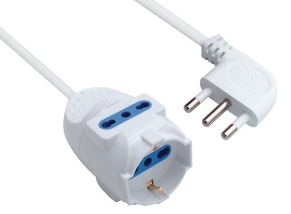 PROLUNGA LIN. SP.16A 90° - 1 PR. 10/16A Schuko/BIPASSO + 2PR 10/16A BIPASSO, CAVO 3mt, SEZIONE 3x1,00mm², 3500W, colore BIANCA