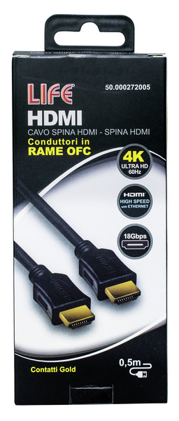 CAVO SP.HDMI - SP.HDMI L. 0.5m, DORATO, D.6mm, RAME OFC, 4K@50/60Hz HIGH SPEED + ETHERNET, 3D, NERO, Box CAVO SP.HDMI - SP.HDMI L. 0.5m, DORATO, D.6mm, RAME OFC, 4K@50/60Hz HIGH SPEED + ETHERNET, 3D, NERO, Box