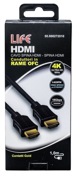 CAVO SP.HDMI - SP.HDMI L. 1.0m, DORATO, D.6mm, RAME OFC, 4K@50/60Hz HIGH SPEED + ETHERNET, 3D, NERO, Box CAVO SP.HDMI - SP.HDMI L. 1.0m, DORATO, D.6mm, RAME OFC, 4K@50/60Hz HIGH SPEED + ETHERNET, 3D, NERO, Box