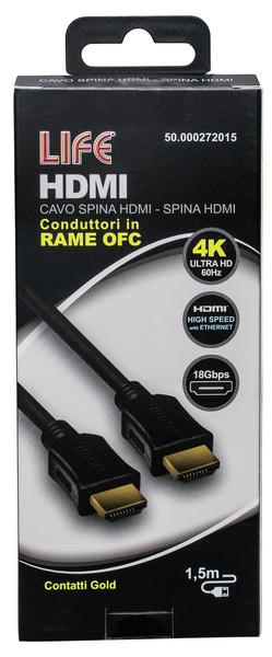 CAVO SP.HDMI - SP.HDMI L. 1.5m, DORATO, D.6mm, RAME OFC, 4K@50/60Hz HIGH SPEED + ETHERNET, 3D, NERO, Box CAVO SP.HDMI - SP.HDMI L. 1.5m, DORATO, D.6mm, RAME OFC, 4K@50/60Hz HIGH SPEED + ETHERNET, 3D, NERO, Box