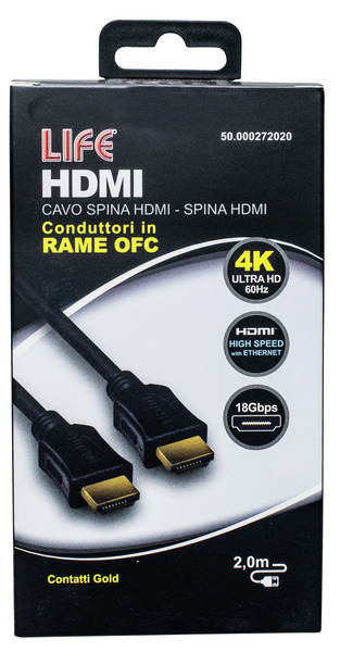 CAVO SP.HDMI - SP.HDMI L. 2.0m, DORATO, D.6mm, RAME OFC, 4K@50/60Hz HIGH SPEED + ETHERNET, 3D, NERO, Box CAVO SP.HDMI - SP.HDMI L. 2.0m, DORATO, D.6mm, RAME OFC, 4K@50/60Hz HIGH SPEED + ETHERNET, 3D, NERO, Box
