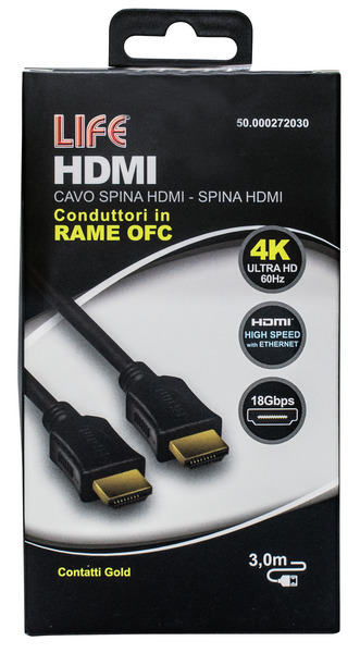 CAVO SP.HDMI - SP.HDMI L. 3.0m, DORATO, D.6mm, RAME OFC, 4K@50/60Hz HIGH SPEED + ETHERNET, 3D, NERO, Box CAVO SP.HDMI - SP.HDMI L. 3.0m, DORATO, D.6mm, RAME OFC, 4K@50/60Hz HIGH SPEED + ETHERNET, 3D, NERO, Box