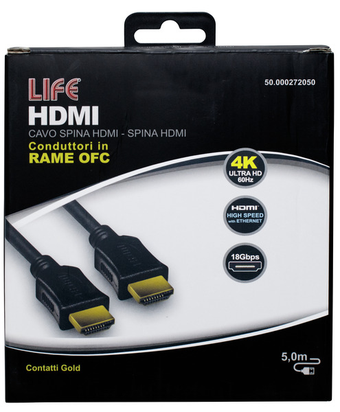 CAVO SP.HDMI - SP.HDMI L. 5.0m, DORATO, D.6mm, RAME OFC, 4K@50/60Hz HIGH SPEED + ETHERNET, 3D, NERO, Box CAVO SP.HDMI - SP.HDMI L. 5.0m, DORATO, D.6mm, RAME OFC, 4K@50/60Hz HIGH SPEED + ETHERNET, 3D, NERO, Box
