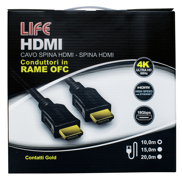 CAVO SP.HDMI - SP.HDMI L. 10.0m, DORATO, D.6mm, RAME OFC, 4K@50/60Hz HIGH SPEED + ETHERNET, 3D, NERO, Box CAVO SP.HDMI - SP.HDMI L. 10.0m, DORATO, D.6mm, RAME OFC, 4K@50/60Hz HIGH SPEED + ETHERNET, 3D, NERO, Box