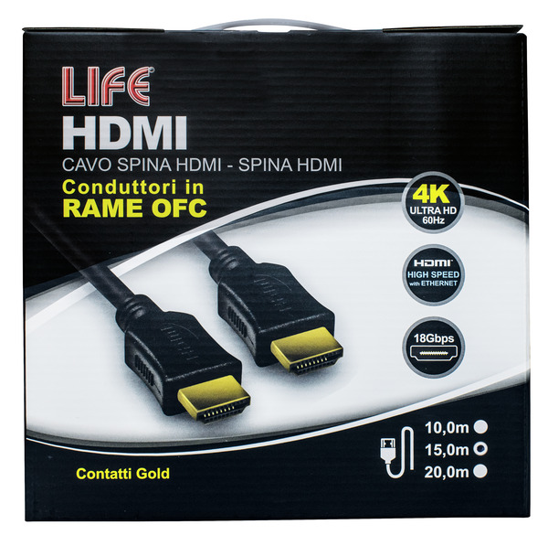CAVO SP.HDMI - SP.HDMI L. 15.0m, DORATO, D.6mm, RAME OFC, 4K@50/60Hz HIGH SPEED + ETHERNET, 3D, NERO, Box CAVO SP.HDMI - SP.HDMI L. 15.0m, DORATO, D.6mm, RAME OFC, 4K@50/60Hz HIGH SPEED + ETHERNET, 3D, NERO, Box