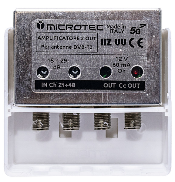 Ampl. da palo, 2 ingr. UHF regol. 15÷29 dB, 2 uscite TV connett. F, mod. HZ UU - 5G LTE READY Ampl. da palo, 2 ingr. UHF regol. 15÷29 dB, 2 uscite TV connett. F, mod. HZ UU - 5G LTE READY