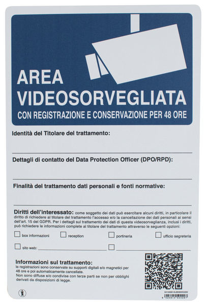 Cartello in ALLUMINIO 300x200mm "AREA VIDEOSORVEGLIATA CON REGISTRAZIONE E CONSERVAZIONE PER 48 ORE" Cartello in ALLUMINIO 300x200mm "AREA VIDEOSORVEGLIATA CON REGISTRAZIONE E CONSERVAZIONE PER 48 ORE"